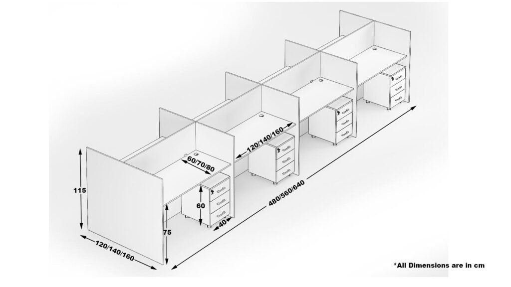 Horizon Office Workstations Cubicles | 8 person Workstation desk 6 Dimensions