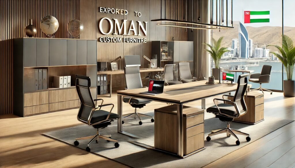 Modern office setup with custom office furniture exported to Oman, featuring an executive desk, ergonomic chairs, stylish storage units, and a conference table in a contemporary workspace.