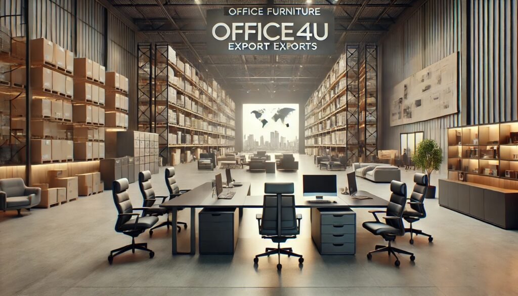 Dubai’s Best Office Furniture Exporters | Office4U Office Furniture | Modern office furniture export showroom in Dubai featuring luxury office desks, ergonomic chairs, and sleek conference tables. Professional setting with high-quality materials and a warehouse section for international exports.