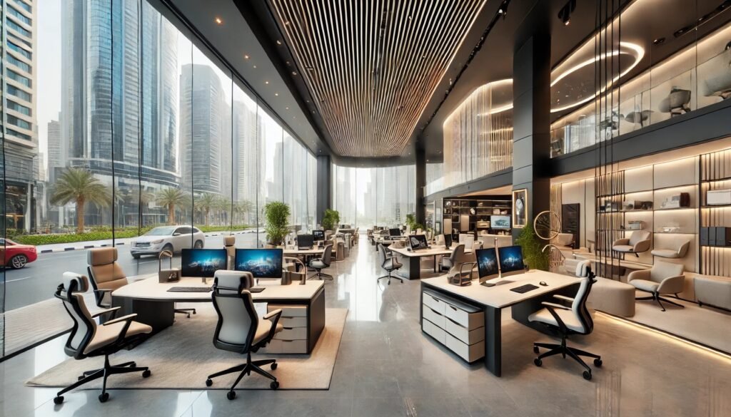 Modern office furniture showroom on Sheikh Zayed Road, Dubai, featuring luxury executive desks, ergonomic chairs, and stylish workstations.